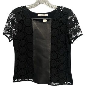 Bailey 44 NWT black 100% leather and lace short sleeve scoop neck blouse